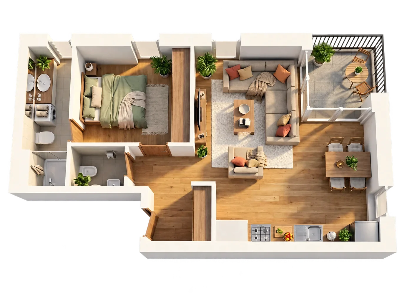 Dollhouse visual of an apartment with a balcony