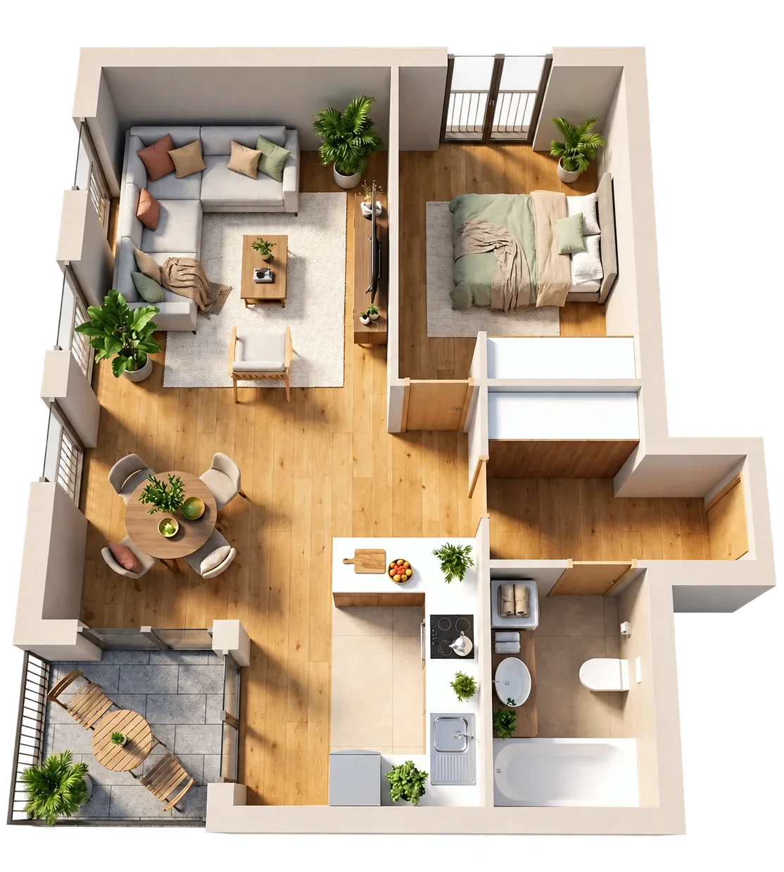 Dollhouse visual of a corner apartment