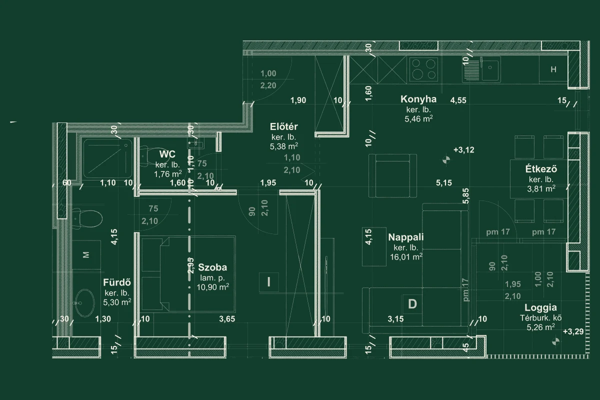 The construction drawing of the same apartment, with dimensions