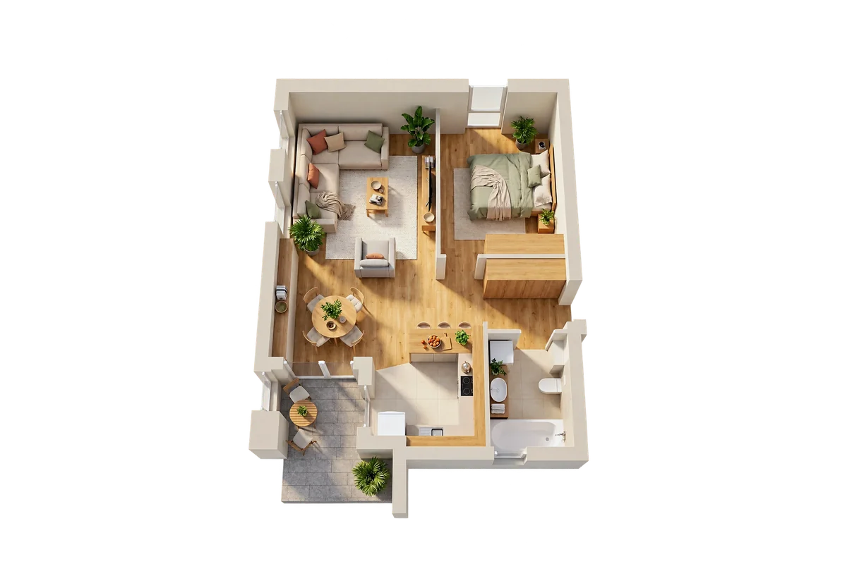 Dollhouse visual of a 1 bedroom apartment, bathtub · terrace