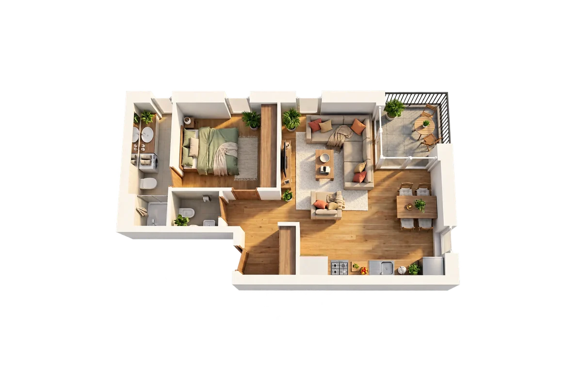 Dollhouse visual of a 1 bedroom apartment, with balcony
