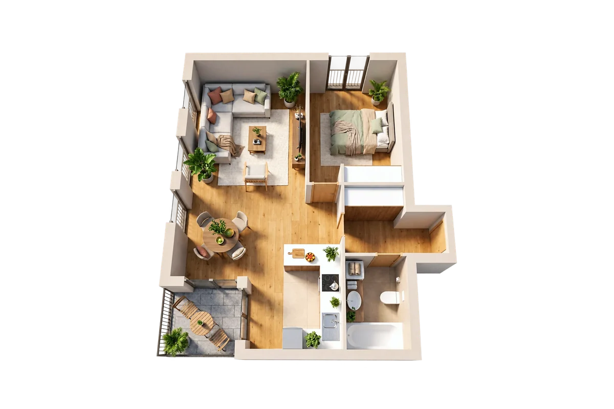 Dollhouse visual of a 1 bedroom apartment, corner unit