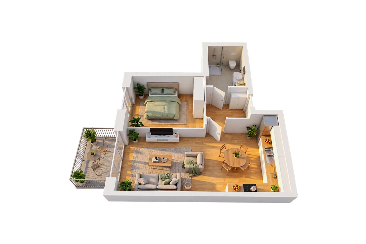 Dollhouse visual of a 1 bedroom apartment, with balcony