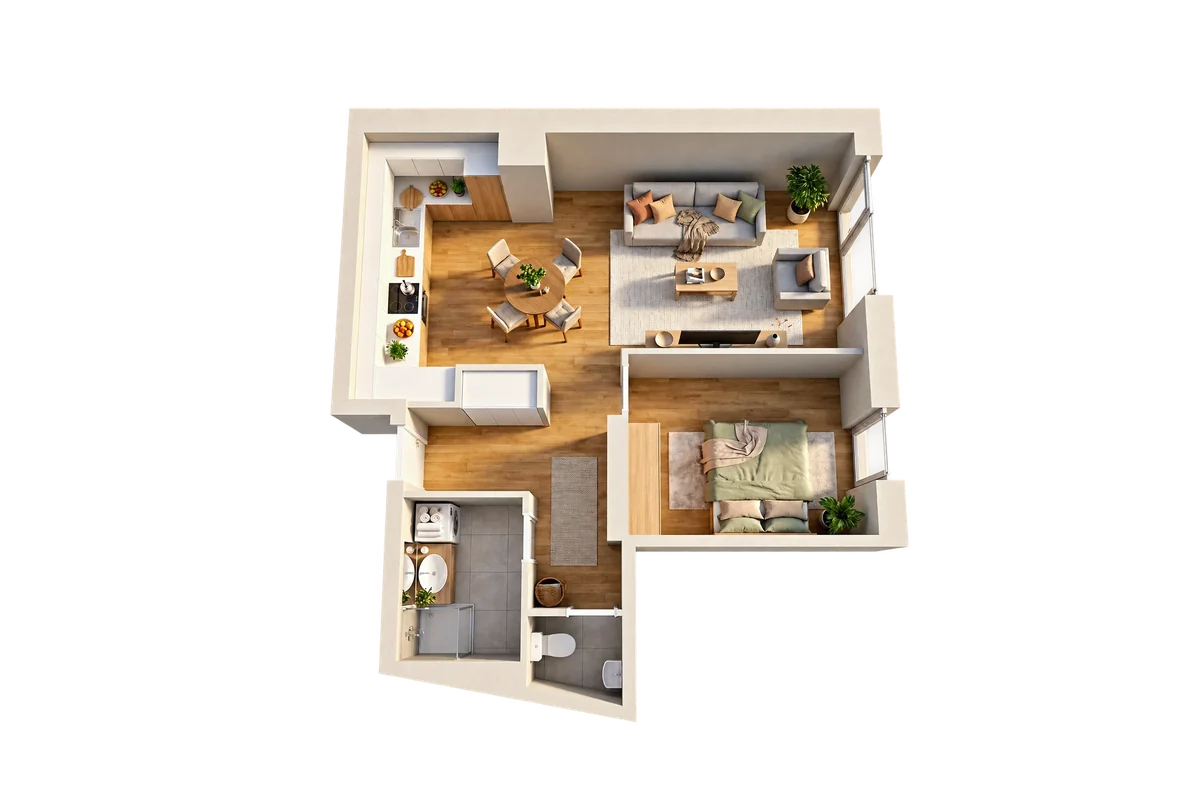 Dollhouse visual of a 1 bedroom apartment, L-shaped plan