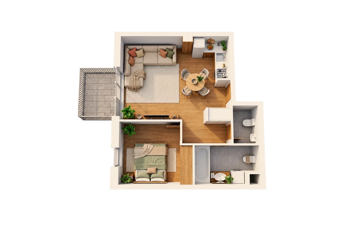 Dollhouse visual of a 1 bedroom apartment, bathtub · balcony