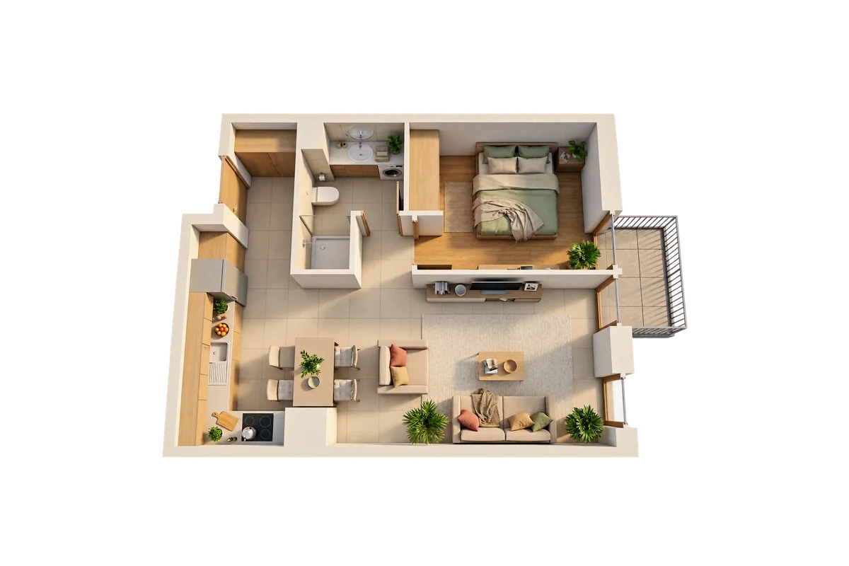 Dollhouse visual of a 1 bedroom apartment, light flooring