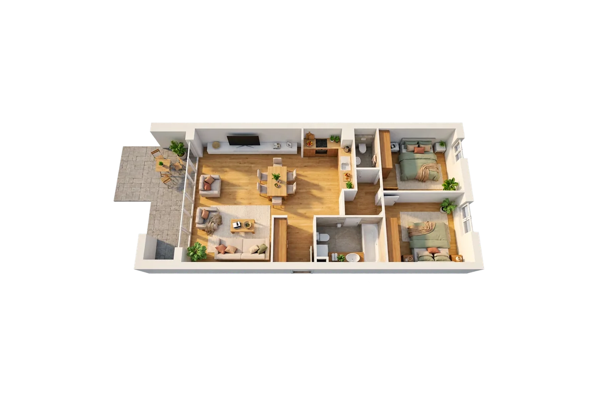 Dollhouse visual of a 2 bedrooms apartment, large terrace