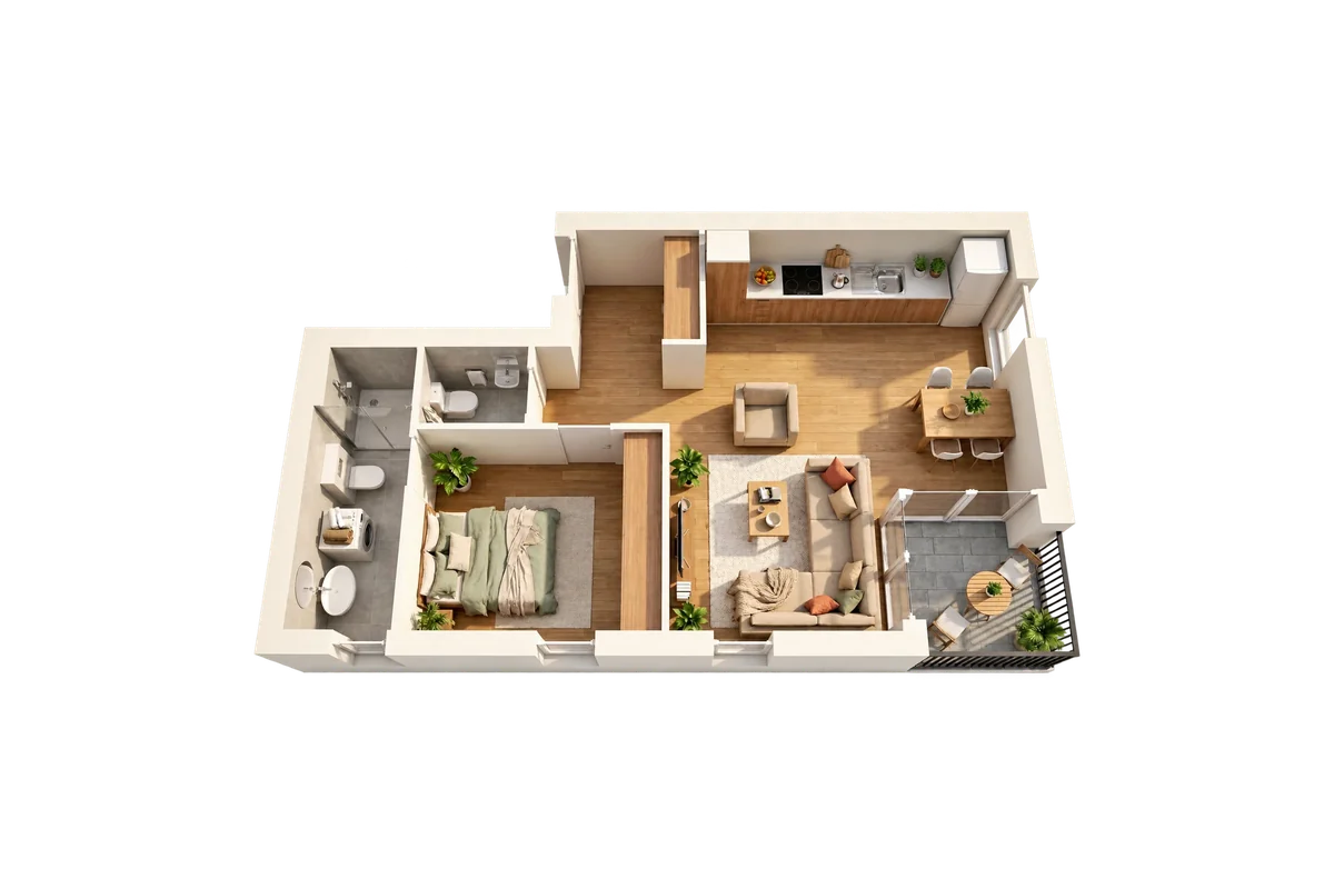 Dollhouse visual of a 1 bedroom apartment, two wet rooms