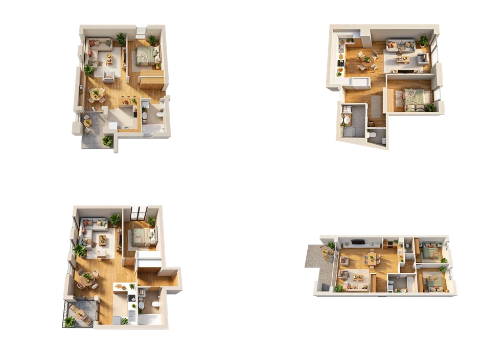Four apartments from the same series of dollhouse visuals